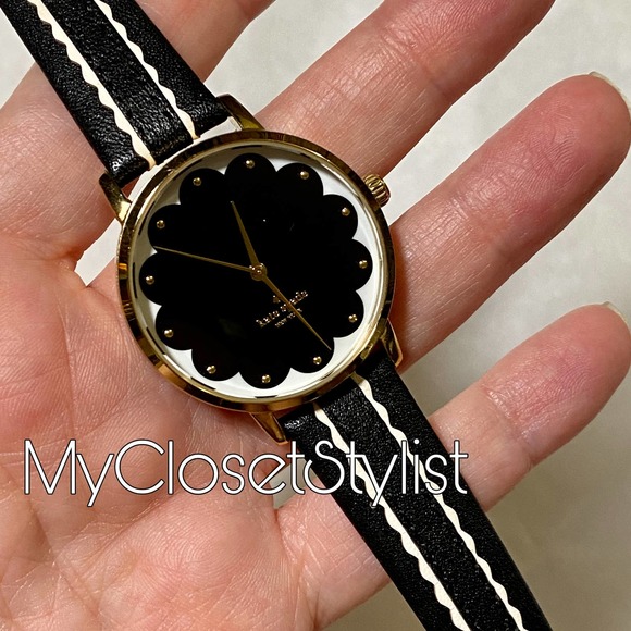 KATE SPADE Gold Metro Luxe Watch black white leather band NEW battery - Picture 3 of 7